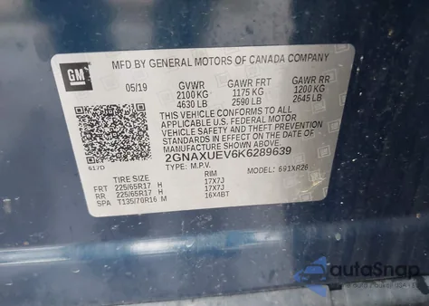 2019 Chevrolet Equinox Lt from USA, damaged, VIN 2GNAXUEV6K6289639